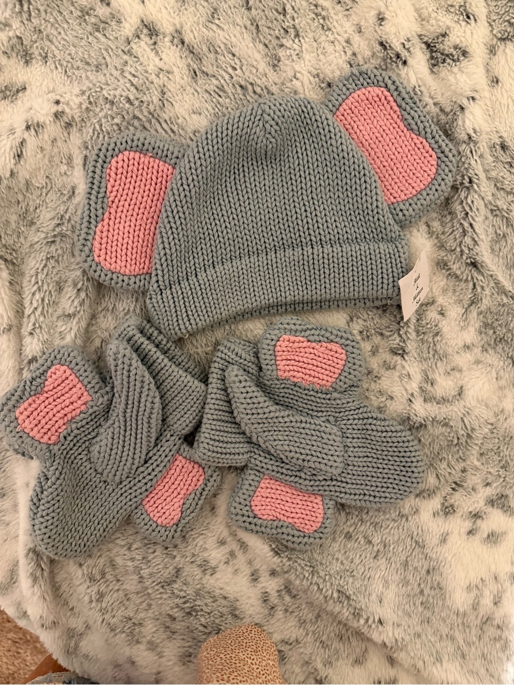 Baby Grey Knit Elephant Hat & Mittens Set with Pink Accents